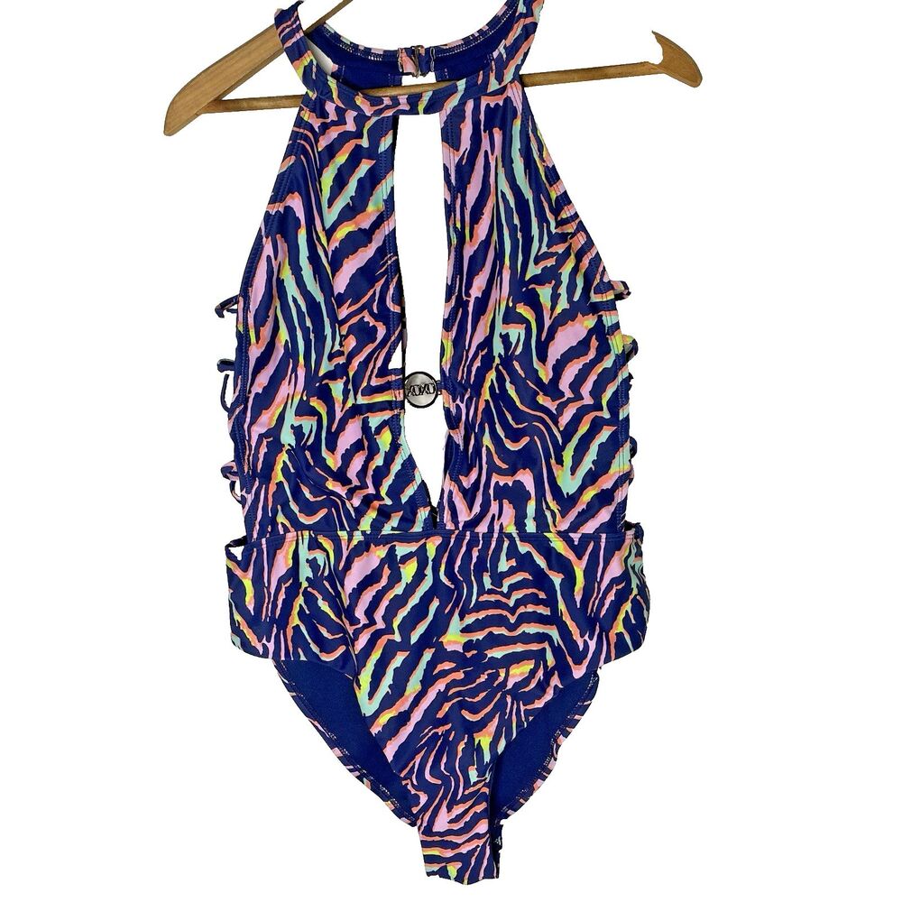 XOXO One Piece Swimsuit Womens XL Halter Strappy Sides Deep Plunge Colorful Blue